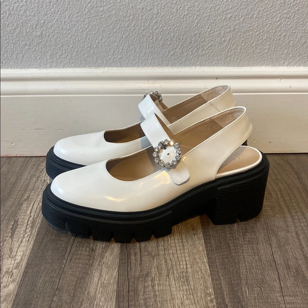 Stuart Weitzman White Mary Jane Platform Shoes with Black Lug Sole